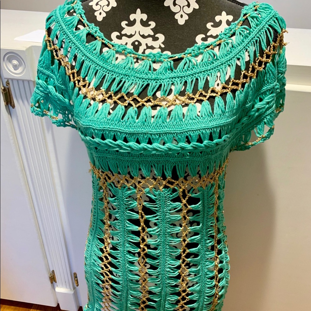 Turquoise Gold Beach Knit Bikini Swim Cover Up S